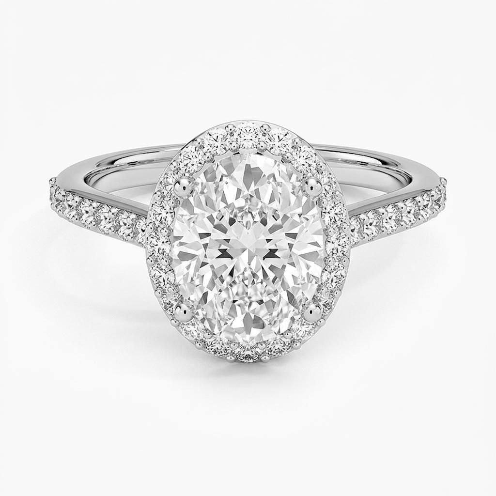1.75 to 5.75 Carat Oval Lab Grown Diamond Halo Engagement Ring in 14K Gold