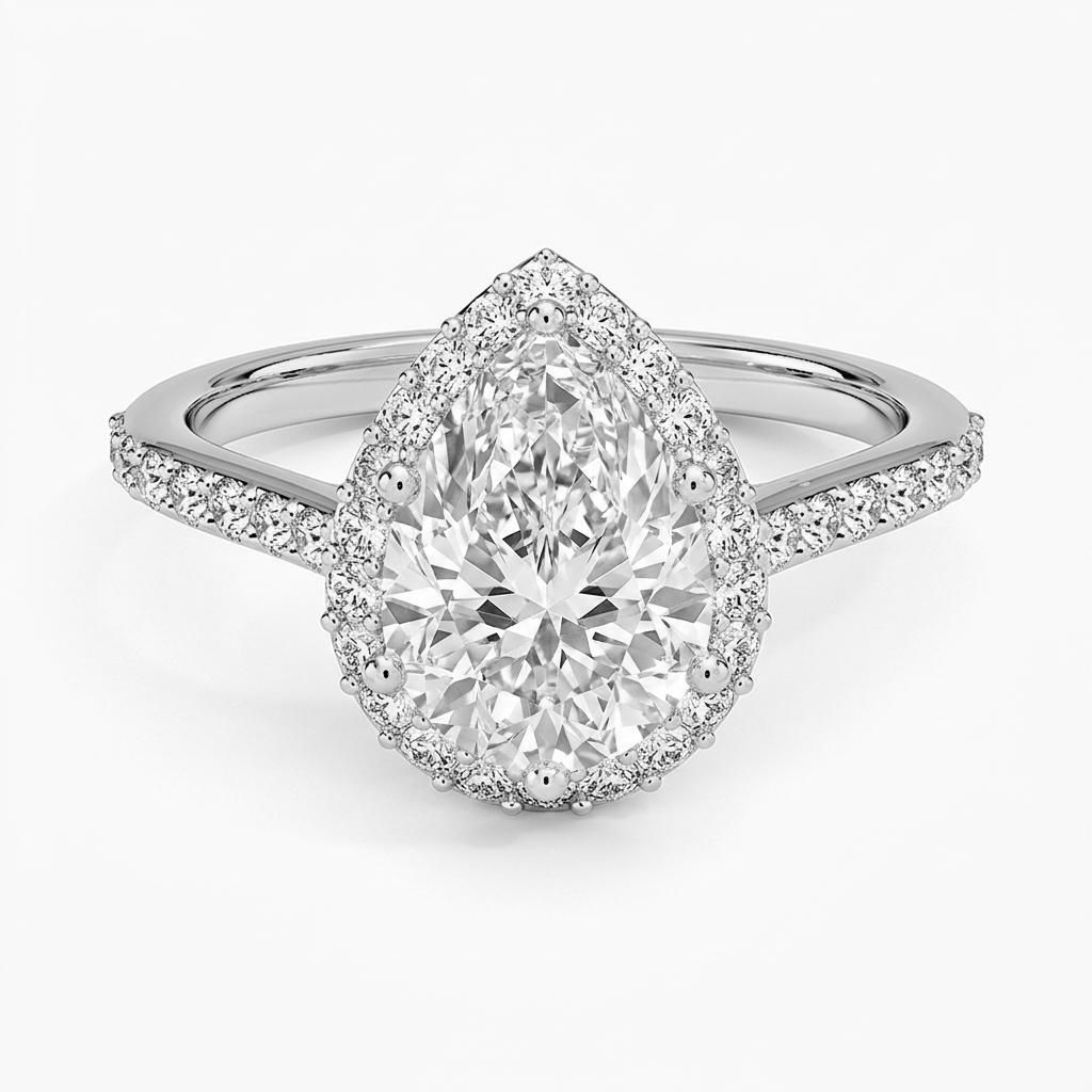 1.75 to 5.75 Carat Pear Lab Grown Diamond Halo Engagement Ring in 14K Gold