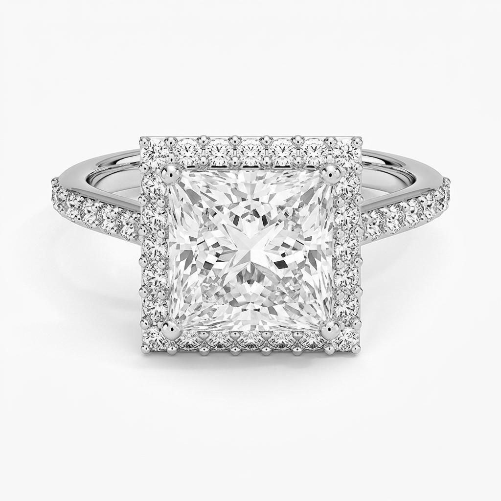 1.75 to 5.75 Carat Princess Lab Grown Diamond Halo Engagement Ring in 14K Gold