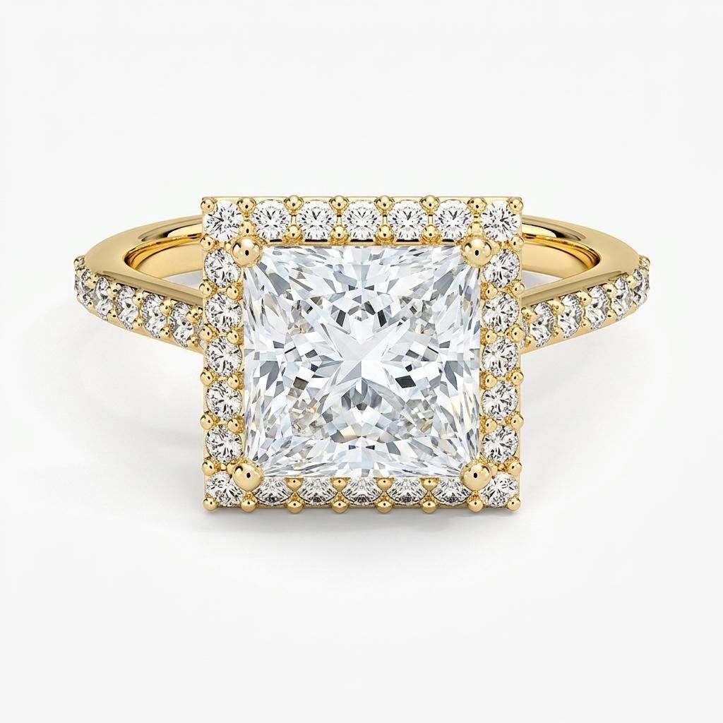 1.75 to 5.75 Carat Princess Lab Grown Diamond Halo Engagement Ring in 14K Gold