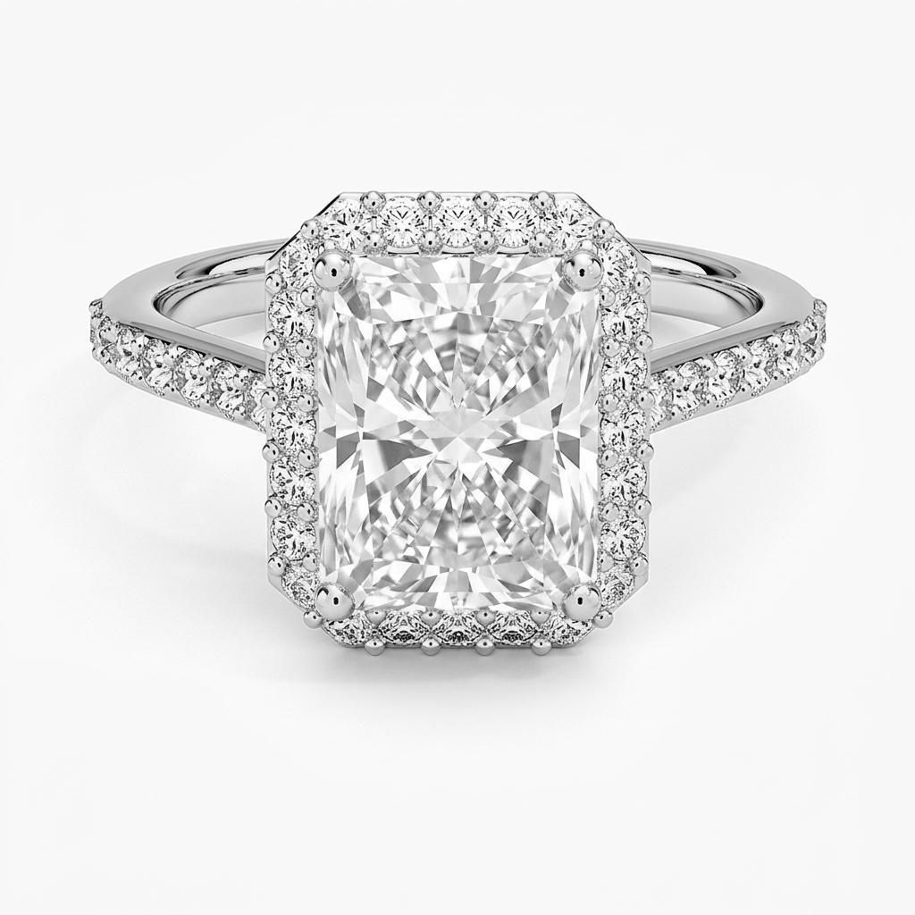 1.75 to 5.75 Carat Radiant Lab Grown Diamond Halo Engagement Ring in 14K Gold