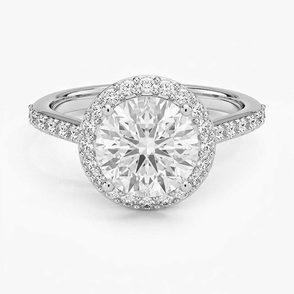 1.75 to 5.75 Carat Round Lab Grown Diamond Halo Engagement Ring in 14K Gold