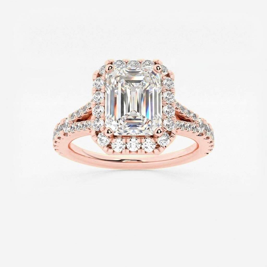 1.5 to 8.5 Carat Emerald Lab Grown Diamond Halo Engagement Ring in 14K Gold