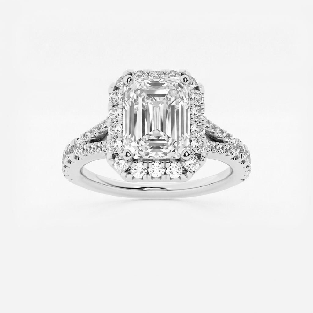 1.5 to 8.5 Carat Emerald Lab Grown Diamond Halo Engagement Ring in 14K Gold