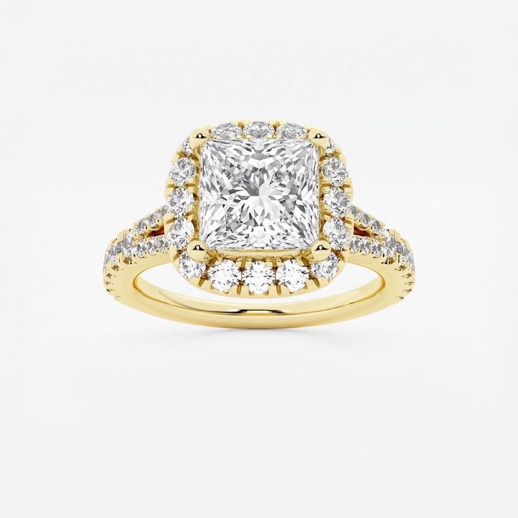 1.5 to 8.5 Carat Princess Lab Grown Diamond Halo Engagement Ring in 14K Gold