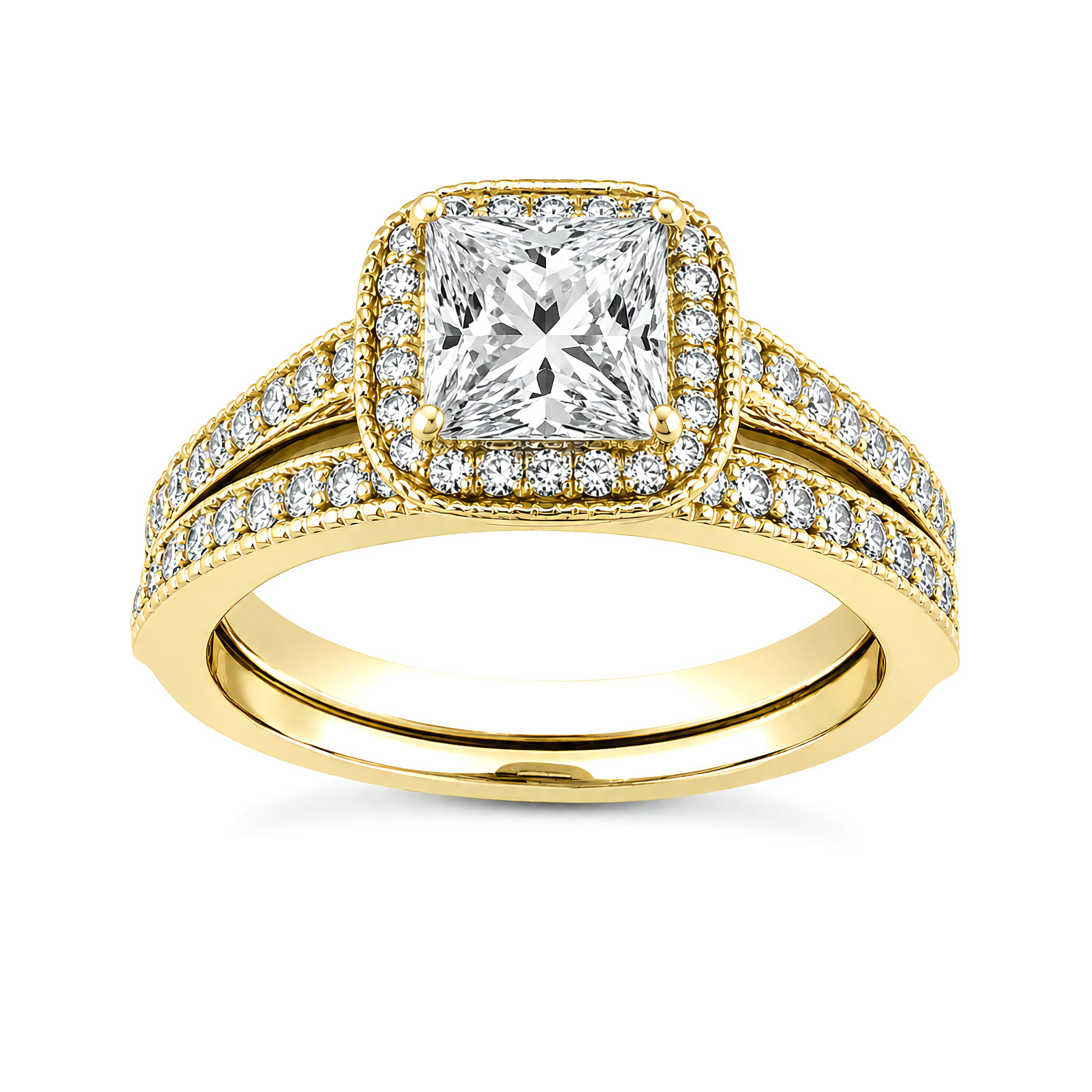 1 to 5 Carat Princess Lab Grown Diamond Halo Bridal Set in 14K Gold