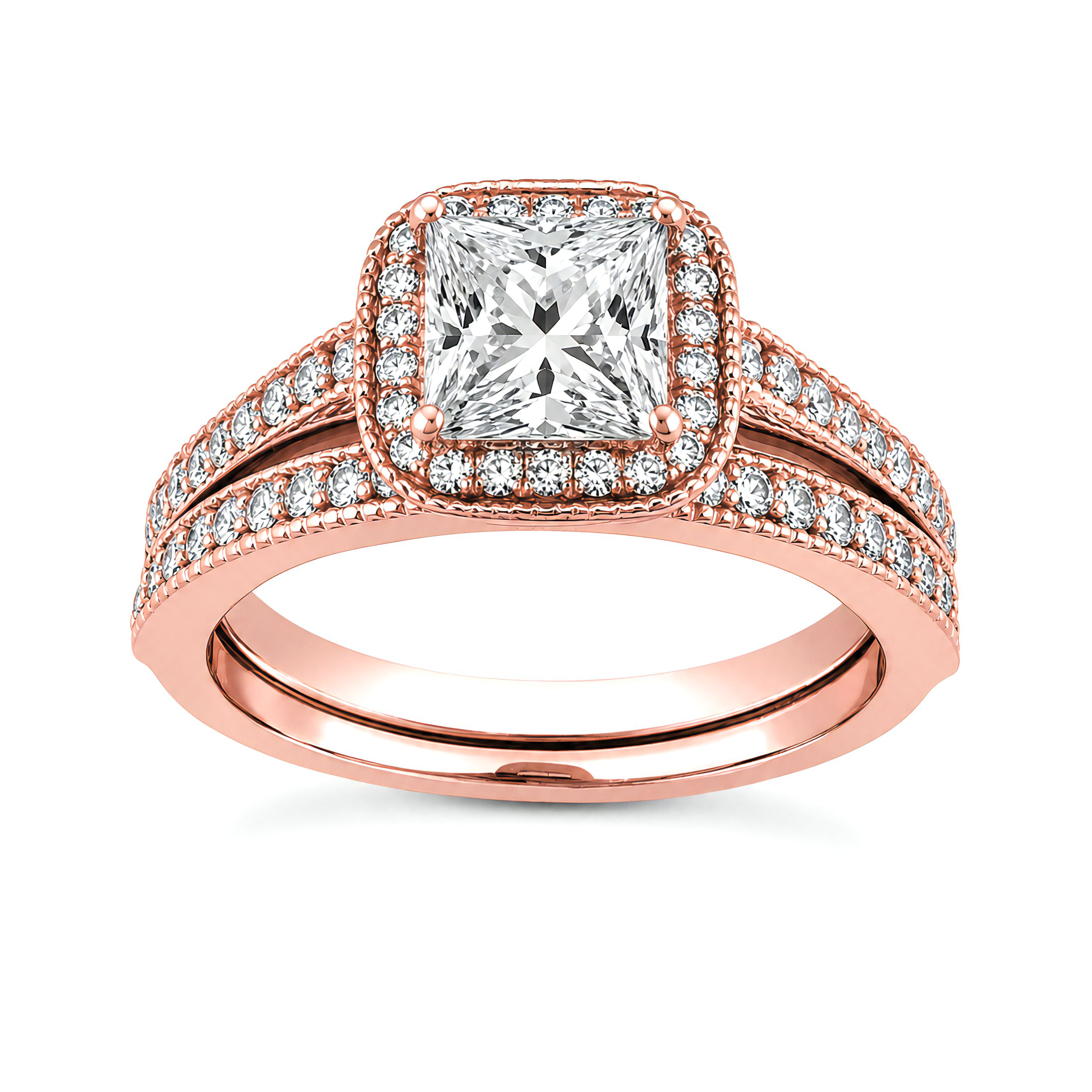 1 to 5 Carat Princess Lab Grown Diamond Halo Bridal Set in 14K Gold
