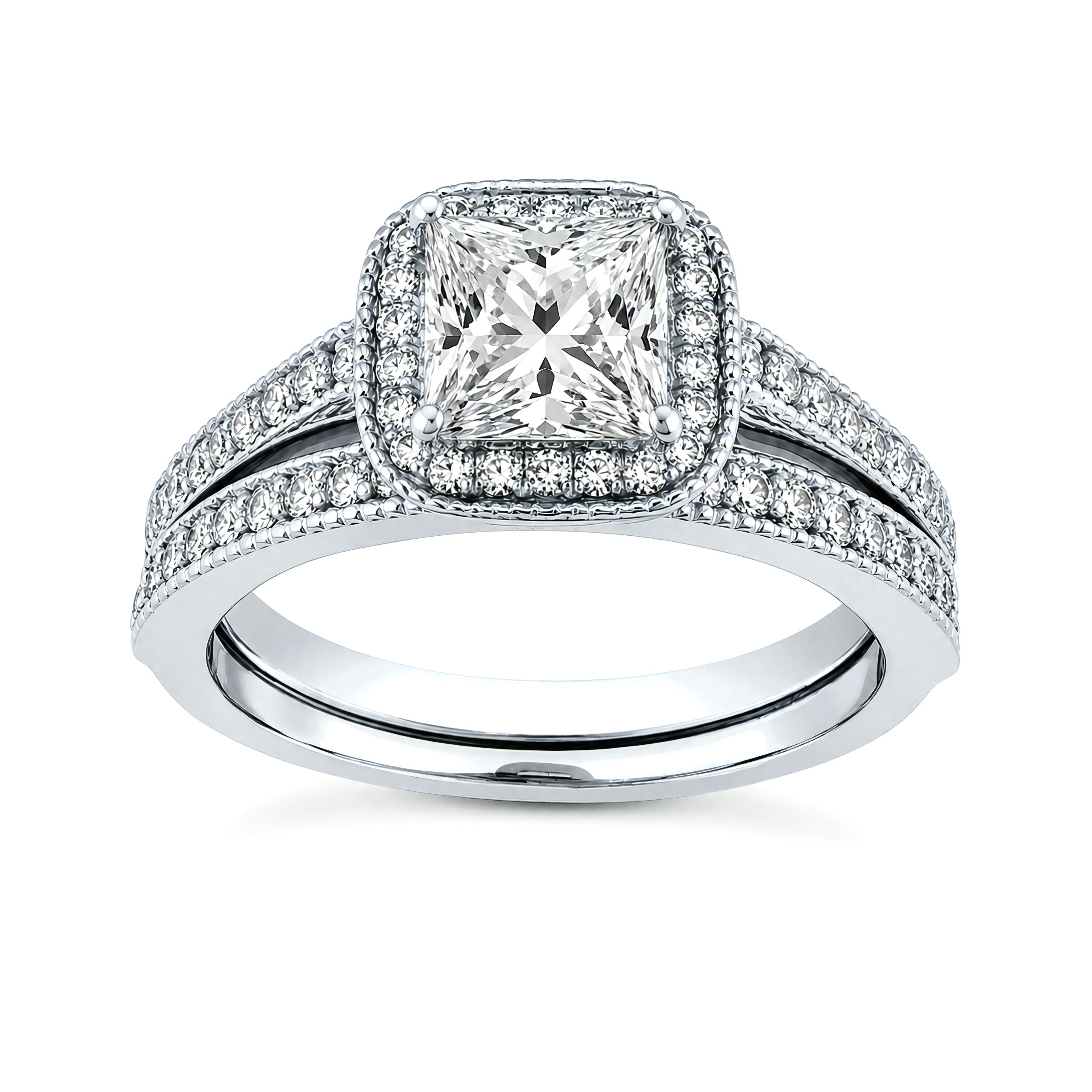 1 to 5 Carat Princess Lab Grown Diamond Halo Bridal Set in 14K Gold