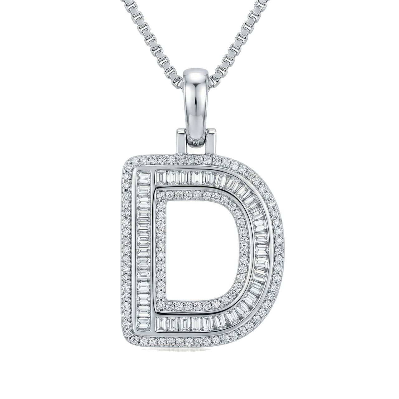 0.80 Ct EF VS Lab Grown Diamond D Micro Border Baguette Initial Pendant in 10k White Gold 701900 - Fine Jewelry by JewelWeSell