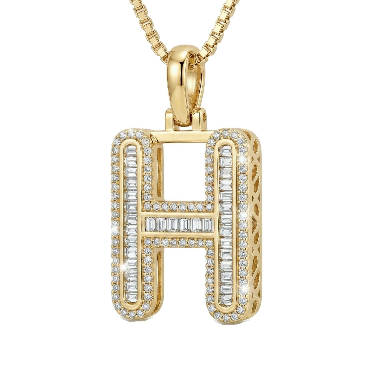 0.70 Ct EF VS Lab Grown Diamond H Micro Border Baguette Initial Pendant in 14k Yellow Gold 701904 - Fine Jewelry by JewelWeSell