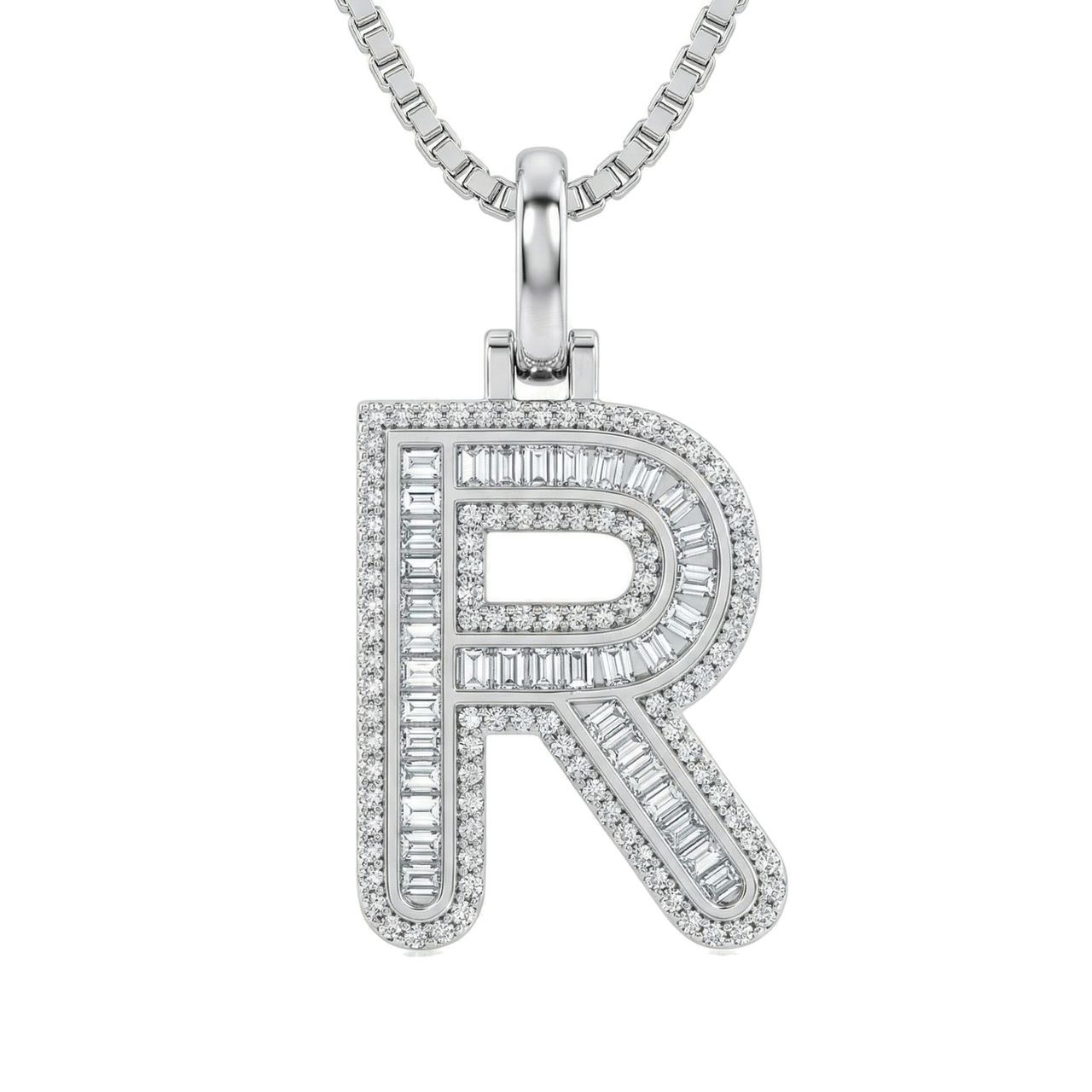 0.75 Ct EF VS Moissanite R Micro Border Baguette Initial Pendant in 925 Sterling Silver 701914 - Fine Jewelry by JewelWeSell