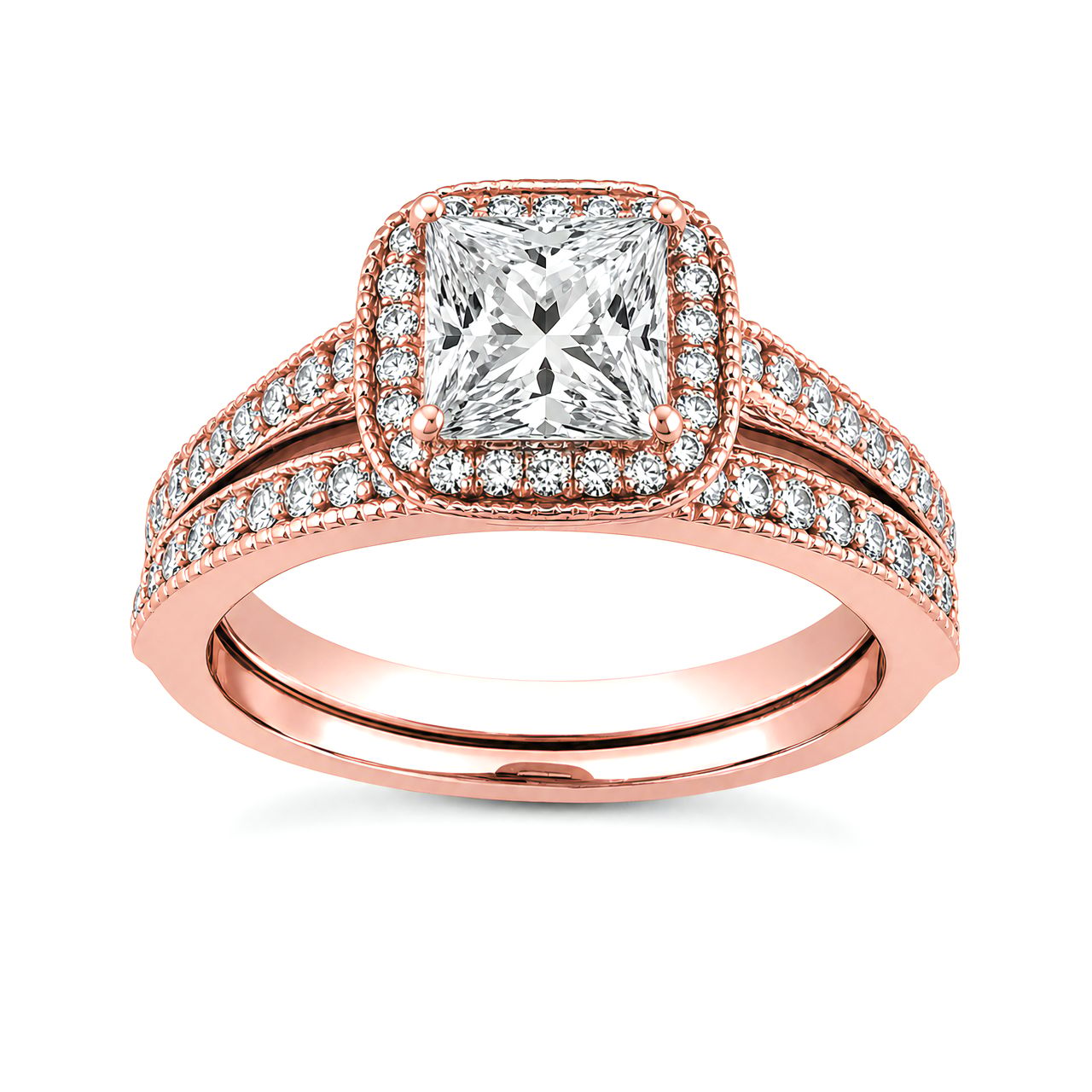 1 to 5 Carat Princess Lab Grown Diamond Halo Bridal Set in 14K Gold