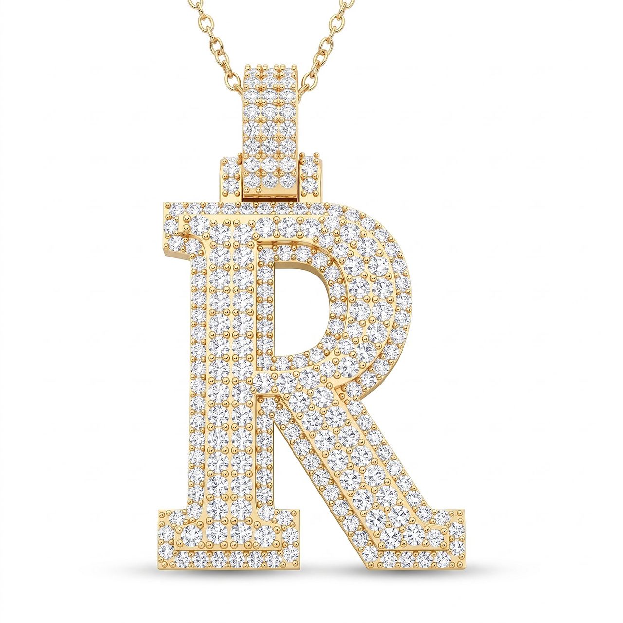 3.00 Ct EF VS Lab Grown Diamond R 2 Layer Pave 3D Initial Pendant in 14k Yellow Gold - Fine Jewelry by JewelWeSell