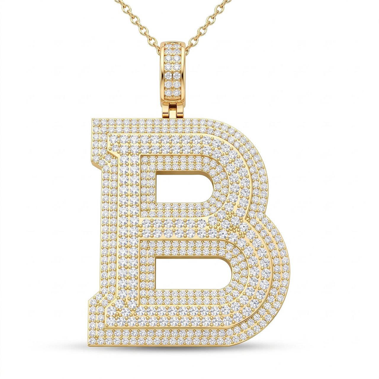 5.20 Ct EF VS Lab Grown Diamond B Double Row 3D Initial Pendant in 14k Yellow Gold - Fine Jewelry by JewelWeSell