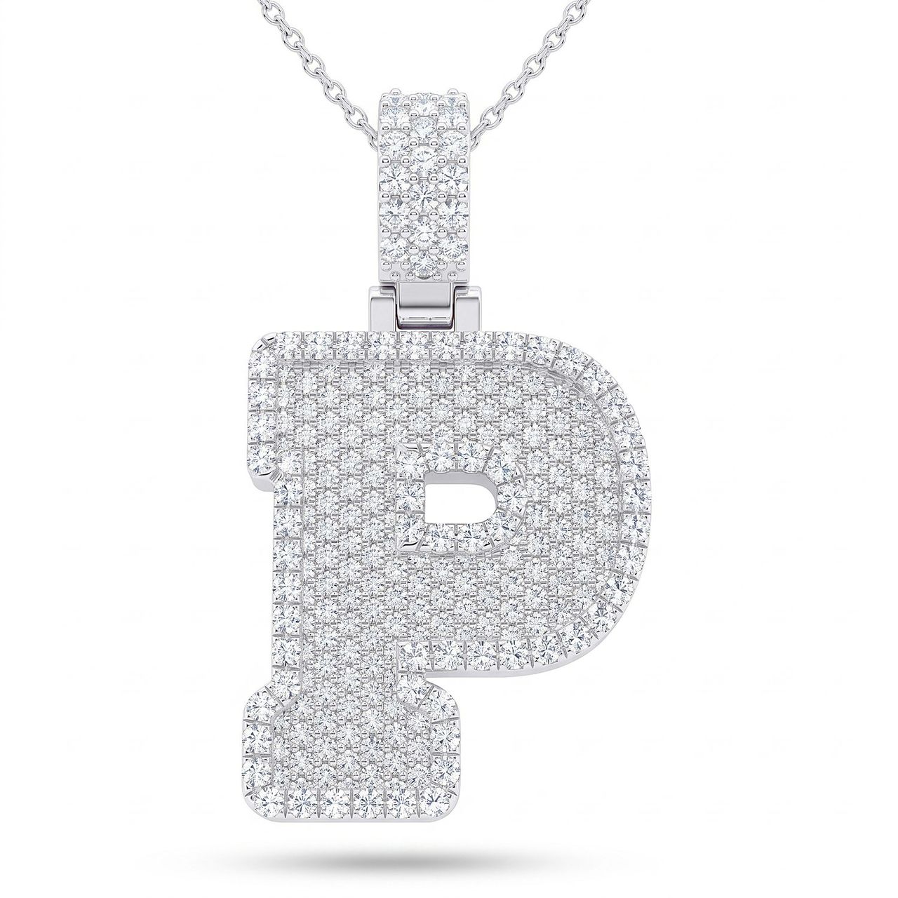 6.35 Ct EF VS Lab Grown Diamond P Micropave Filled Initial Pendant in 14k White Gold - Fine Jewelry by JewelWeSell
