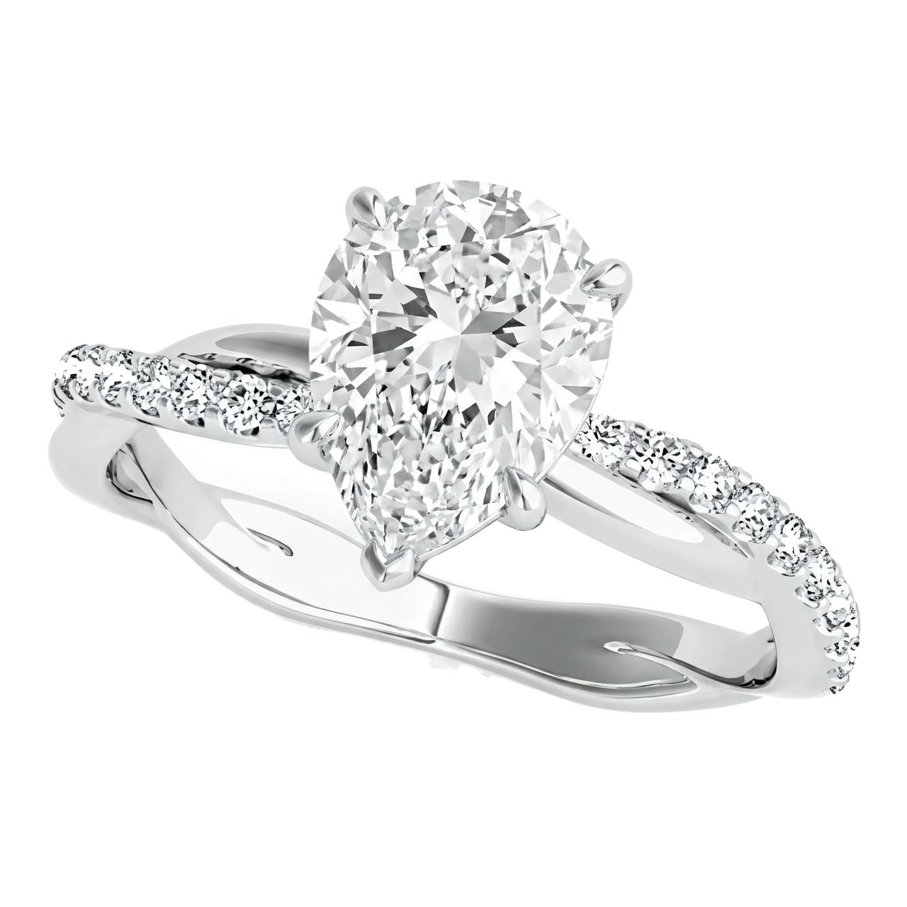 1.5 Carat Pear Lab Grown Diamond Twisted Pavé Solitaire Engagement Ring in 14K White Gold - Fine Jewelry by JewelWeSell