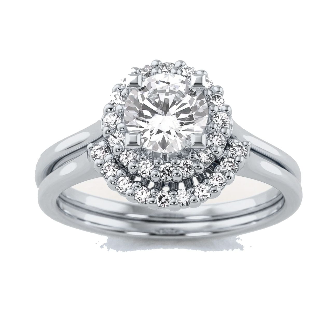1 Carat Round Lab Grown Diamond Scalloped Floral Halo Bridal Set in 14K White Gold