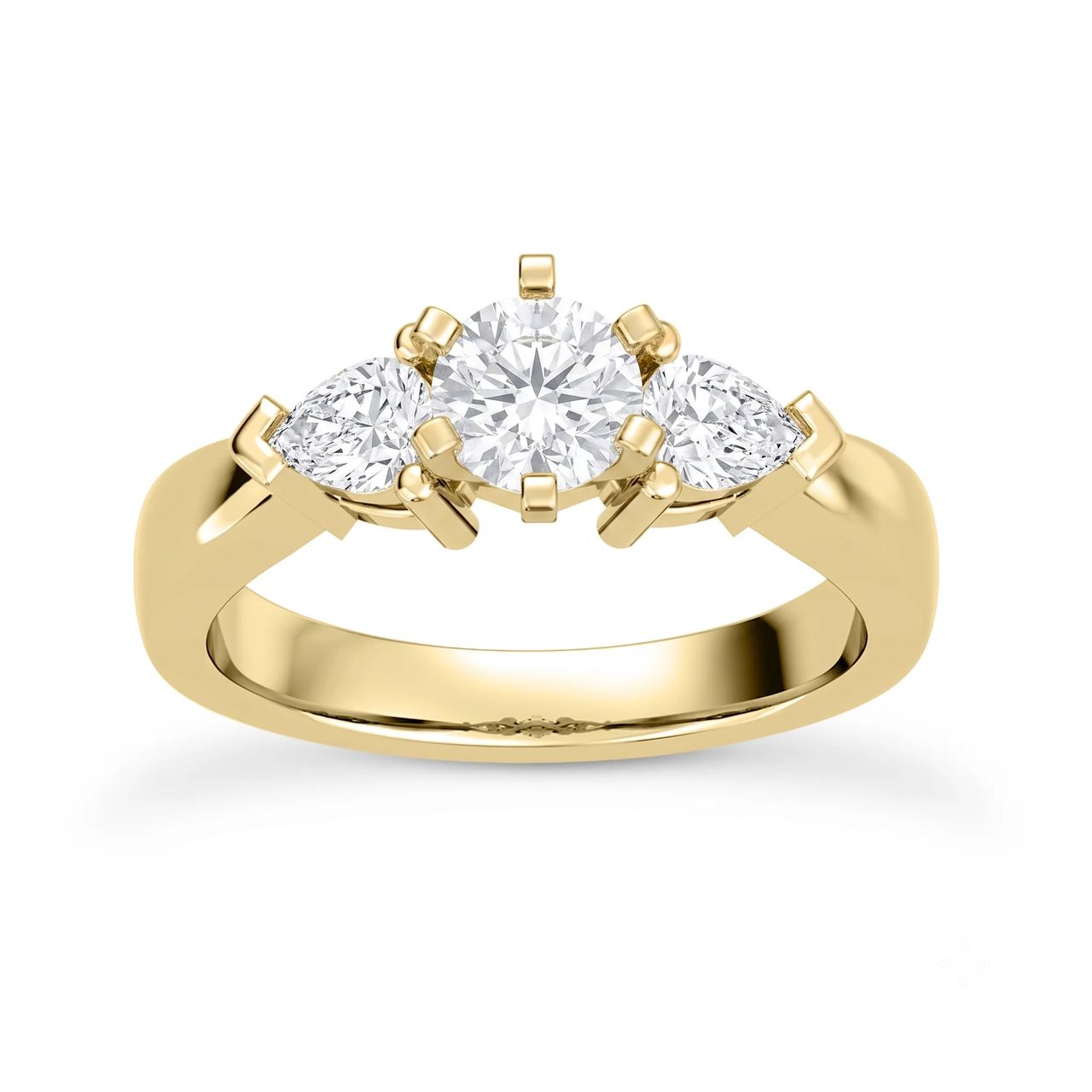5 Carat Round Lab Grown Diamond Three-Stone Pear-Accent Engagement Ring in 14K Yellow Gold