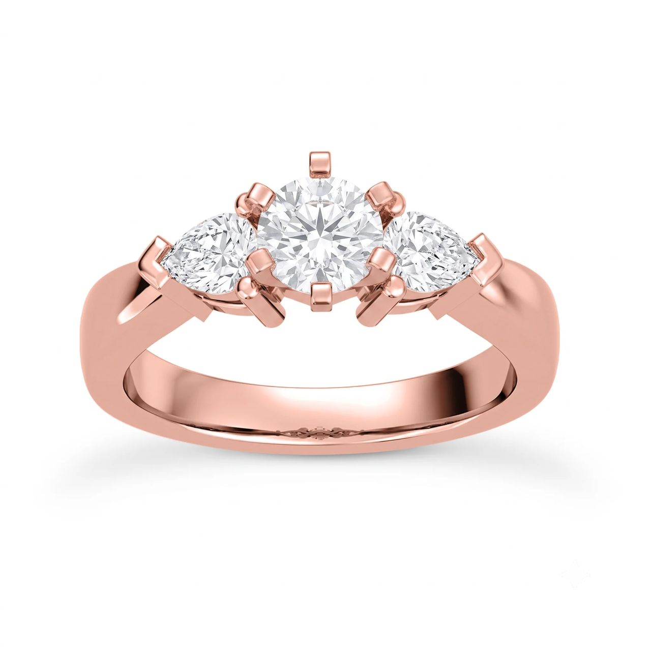 5 Carat Round Lab Grown Diamond Three-Stone Pear-Accent Engagement Ring in 14K Rose Gold