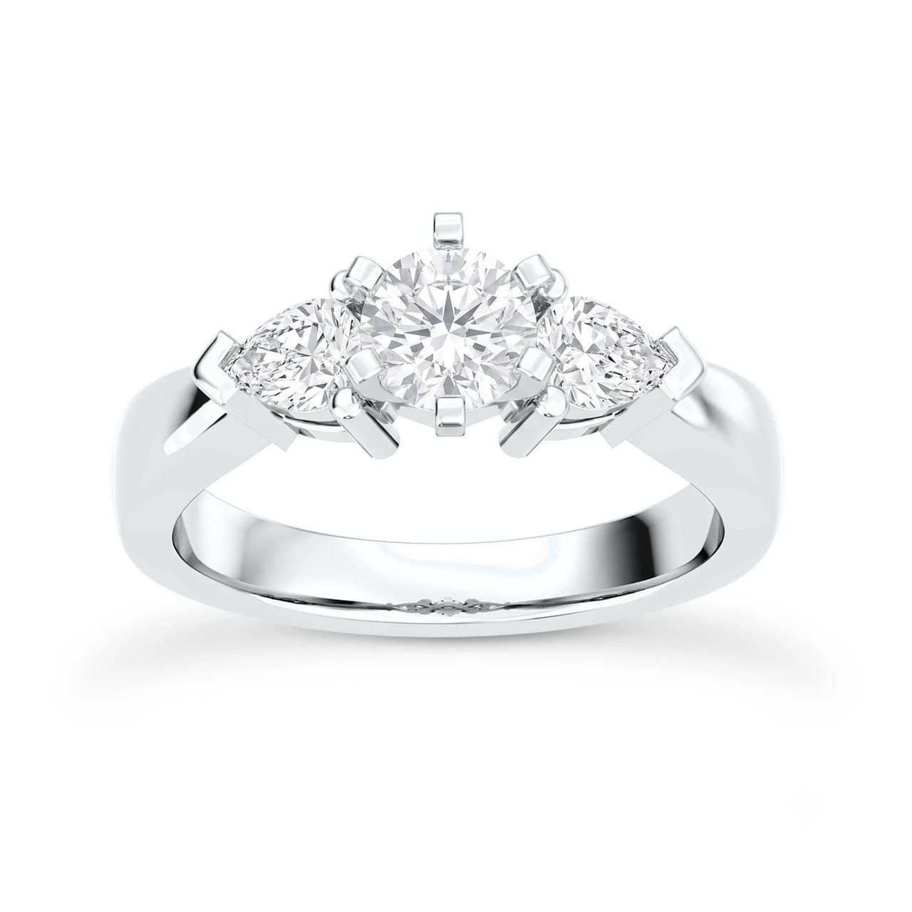 4 Carat Round Lab Grown Diamond Three-Stone Pear-Accent Engagement Ring in 14K White Gold