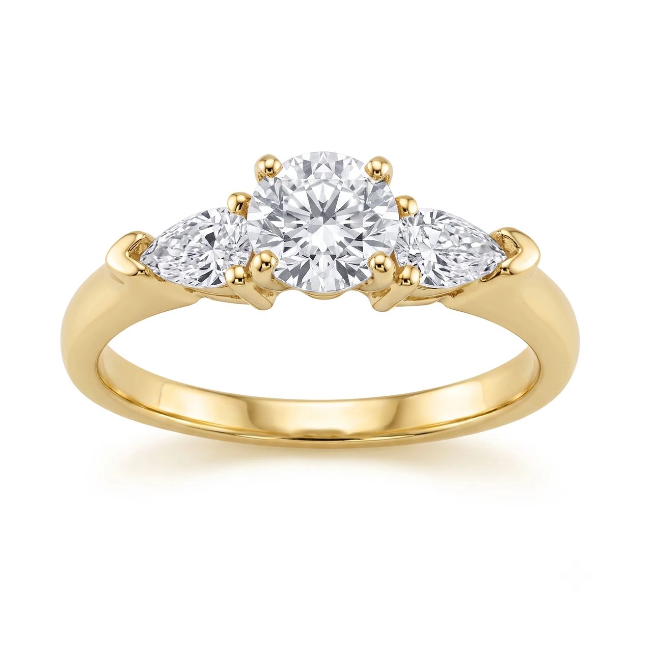 1 Carat Round Lab Grown Diamond Petite Three-Stone Pear-Accent Engagement Ring in 14K Yellow Gold