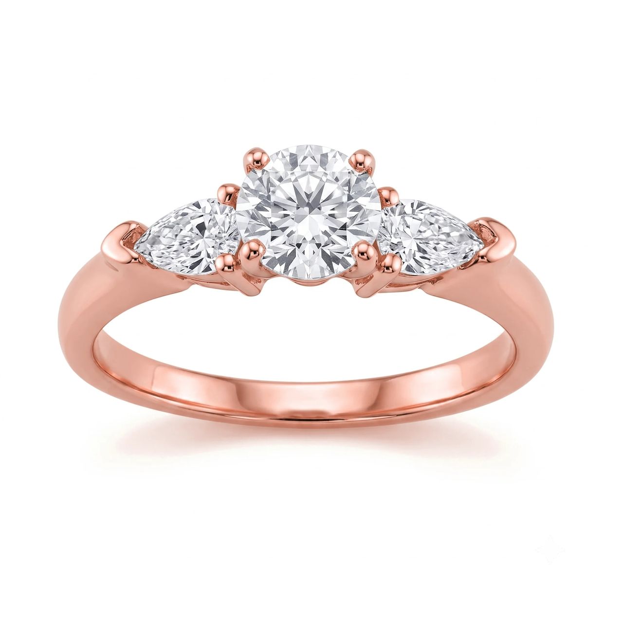 2 Carat Round Lab Grown Diamond Petite Three-Stone Pear-Accent Engagement Ring in 14K Rose Gold