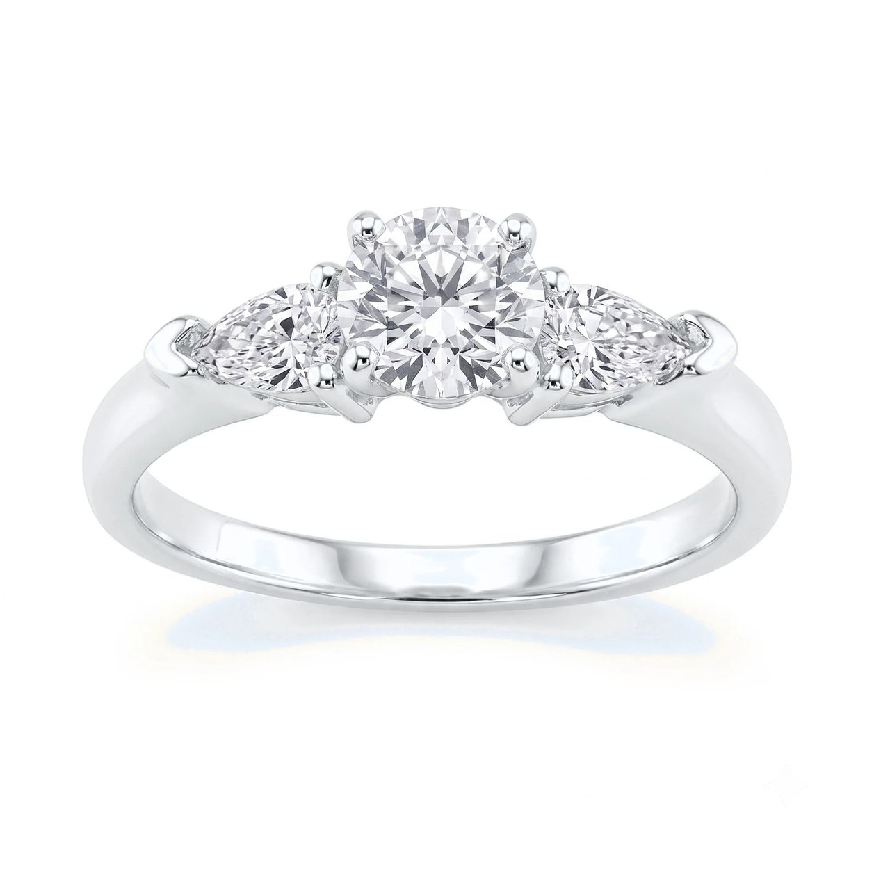 2 Carat Round Lab Grown Diamond Petite Three-Stone Pear-Accent Engagement Ring in 14K White Gold