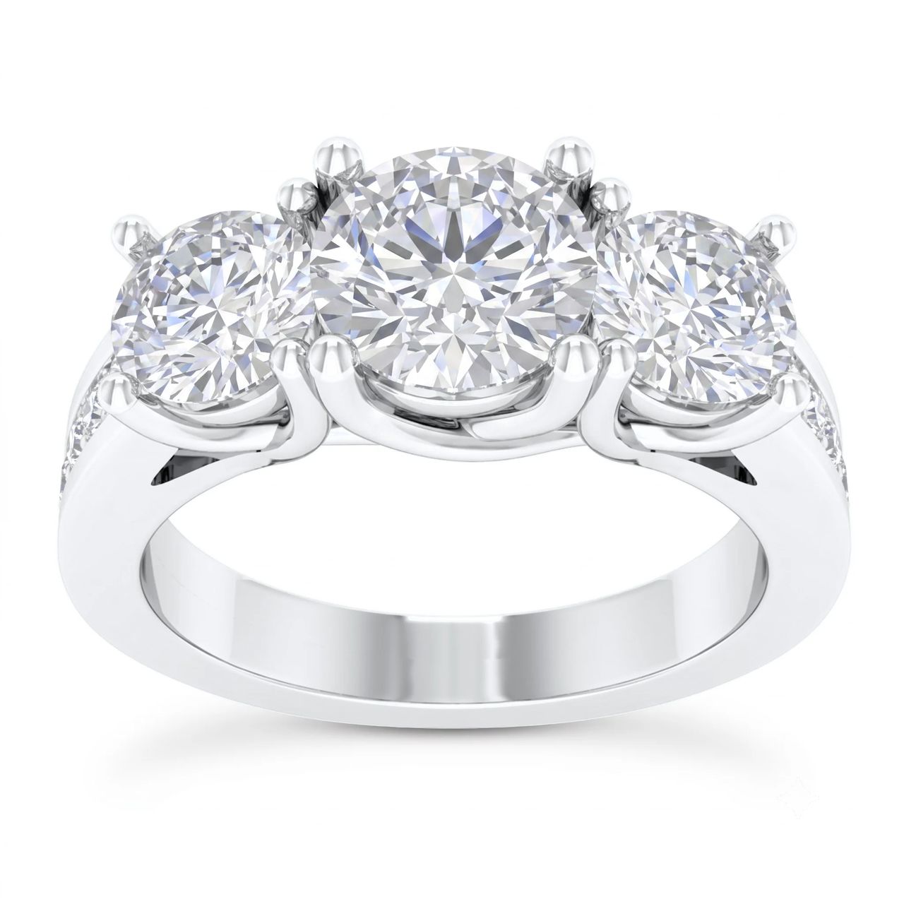 1 Carat Round Lab Grown Diamond Three-Stone Pavé Cathedral Engagement Ring in 14K White Gold