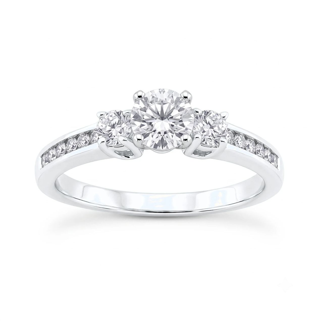1 Carat Round Lab Grown Diamond Petite Three-Stone Pavé Engagement Ring in 14K White Gold
