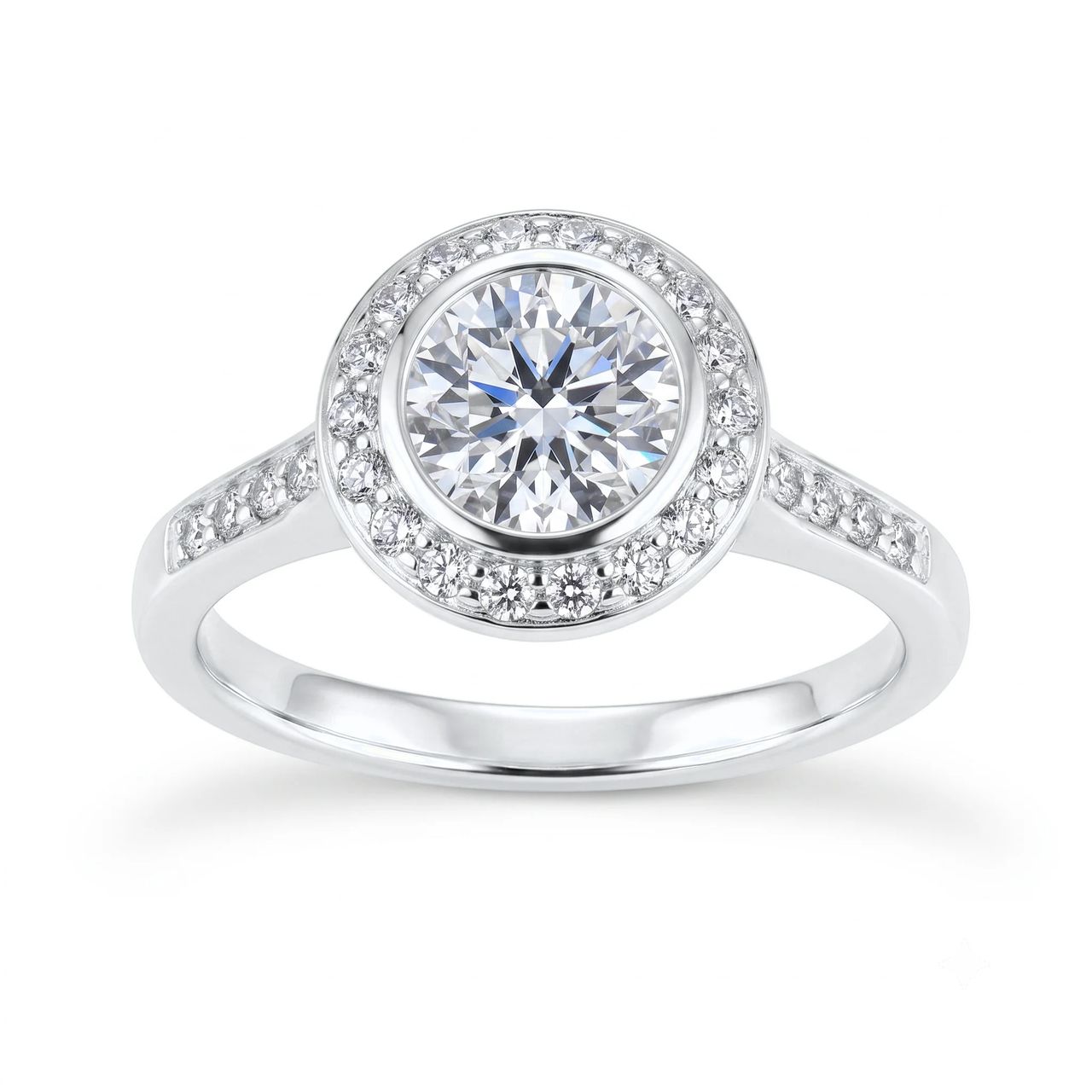 1 Carat Round Lab Grown Diamond Bezel-Set Halo Engagement Ring in 14K White Gold
