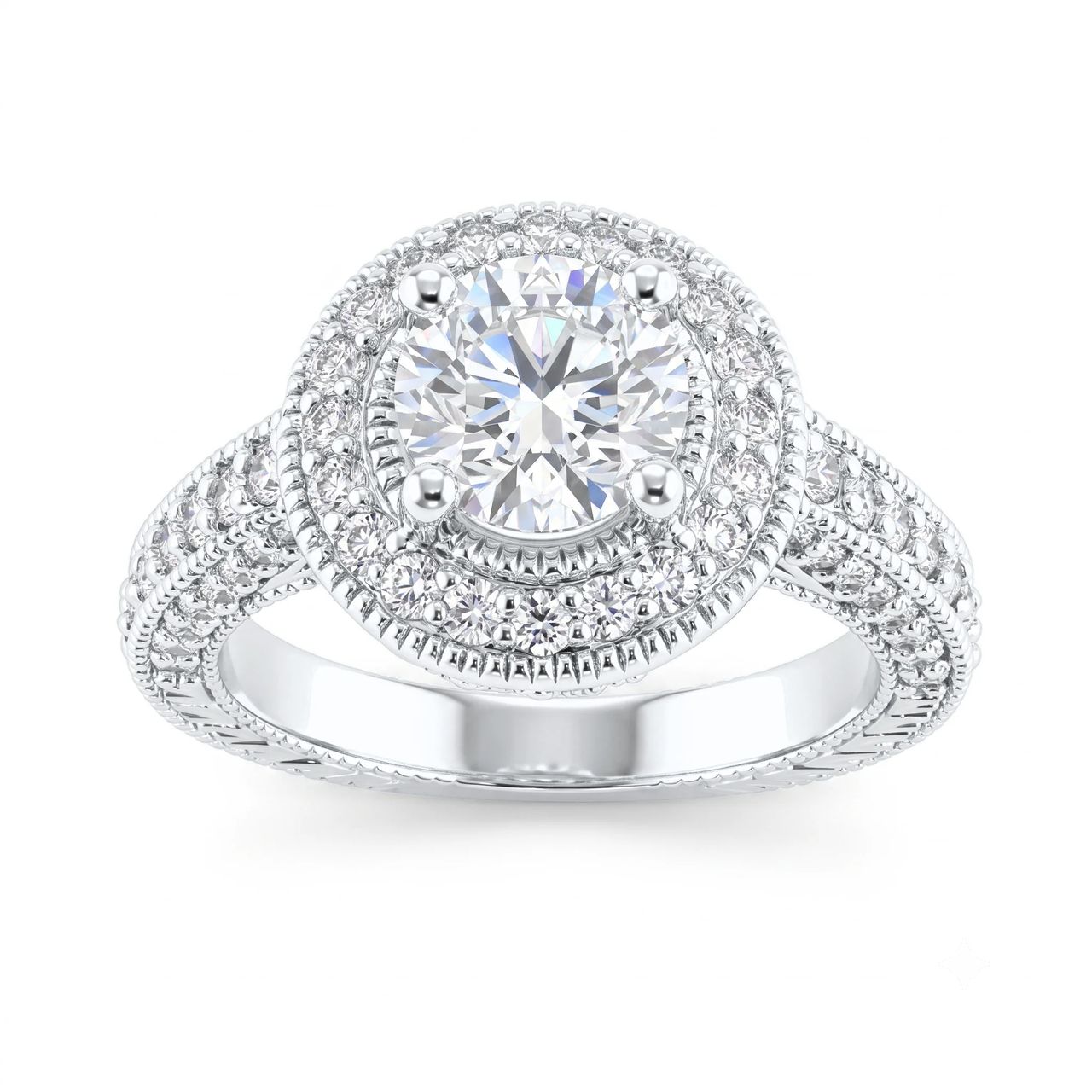 1 Carat Round Lab Grown Diamond Vintage Double Halo Engagement Ring in 14K White Gold