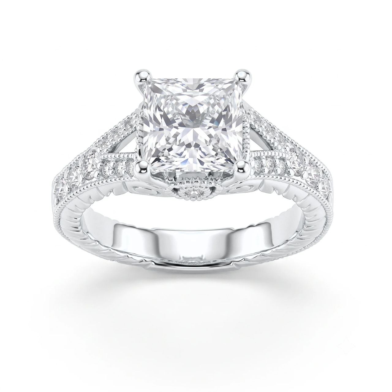 1 Carat Princess Lab Grown Diamond Vintage Engraved Split Shank Engagement Ring in 14K White Gold - Fine Jewelry by JewelWeSell