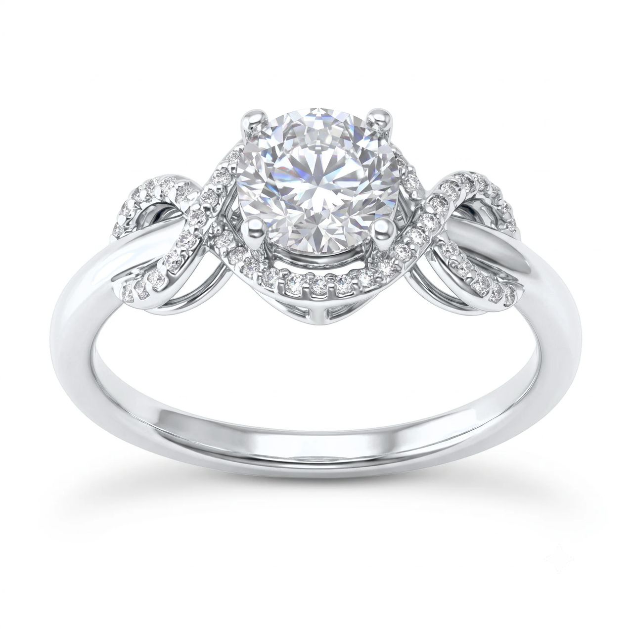 1 Carat Round Lab Grown Diamond Hidden Halo Ribbon Twist Engagement Ring in 14K White Gold