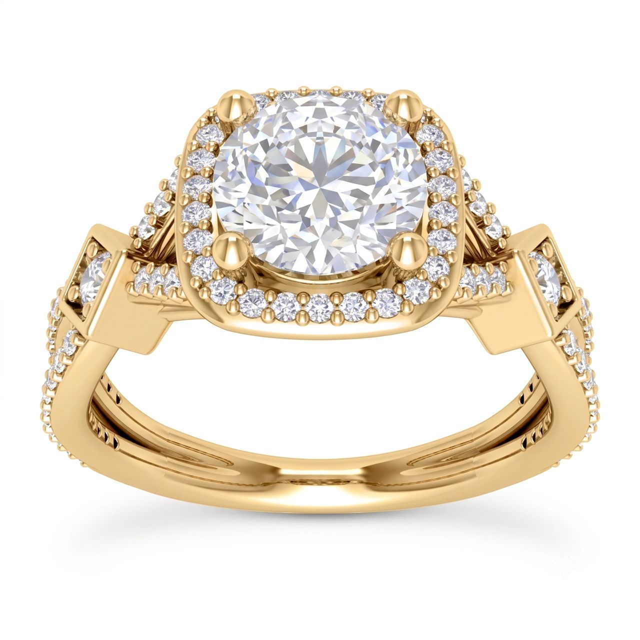 4 Carat Round Lab Grown Diamond Cushion Halo Cathedral Engagement Ring in 14K Yellow Gold