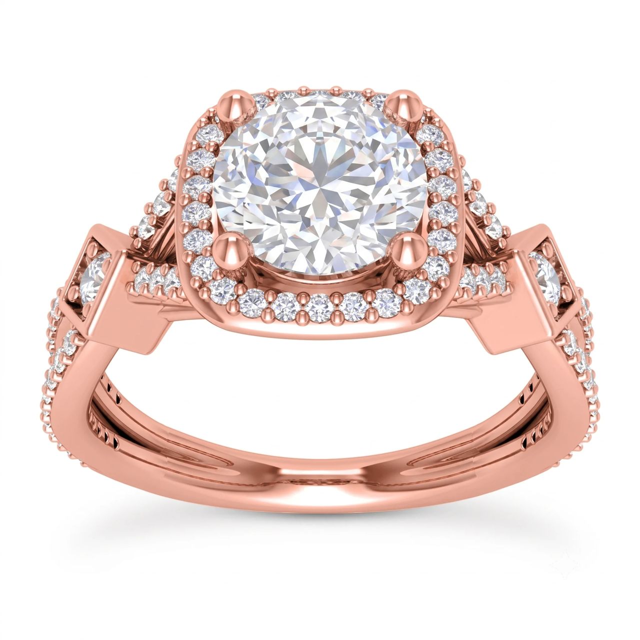 4 Carat Round Lab Grown Diamond Cushion Halo Cathedral Engagement Ring in 14K Rose Gold