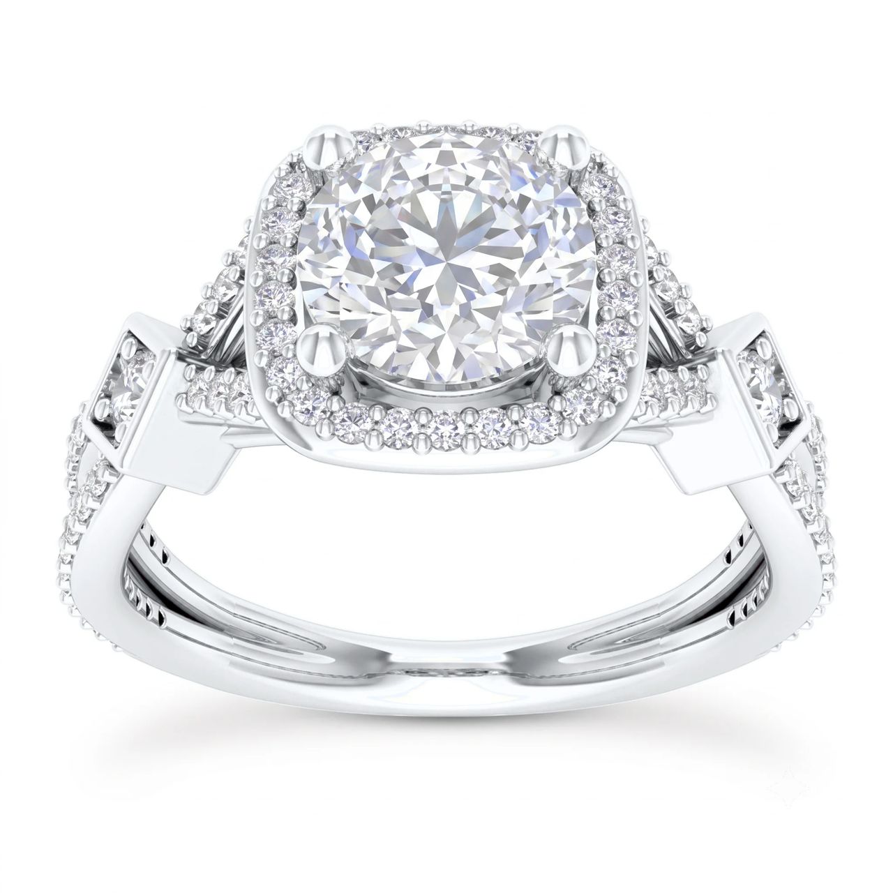 1 Carat Round Lab Grown Diamond Cushion Halo Cathedral Engagement Ring in 14K White Gold - Fine Jewelry by JewelWeSell