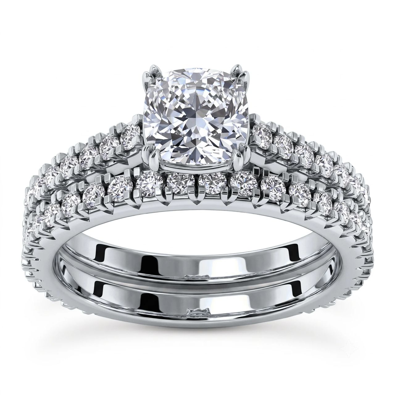1 Carat Cushion Lab Grown Diamond Pavé Solitaire Bridal Set in 14K White Gold - Fine Jewelry by JewelWeSell