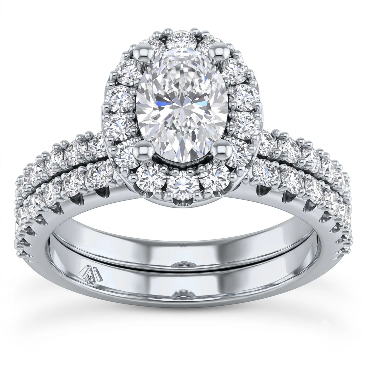 1 Carat Oval Lab Grown Diamond Halo Pavé Bridal Set in 14K White Gold