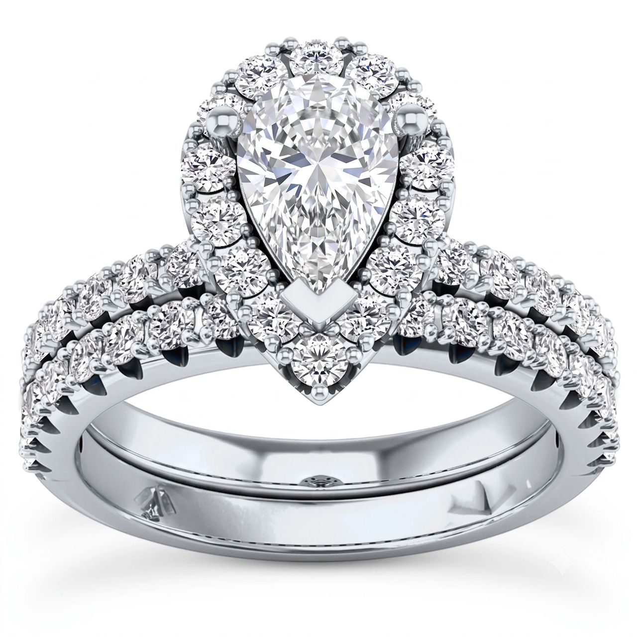1 Carat Pear Lab Grown Diamond Halo Contoured Bridal Set in 14K White Gold - Fine Jewelry by JewelWeSell