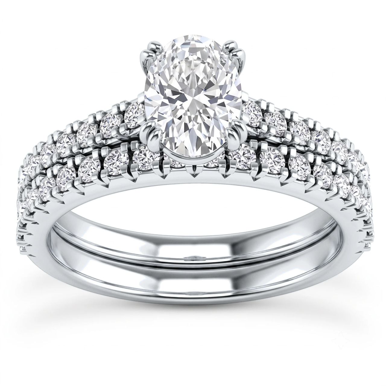1 Carat Oval Lab Grown Diamond Pavé Solitaire Bridal Set in 14K White Gold