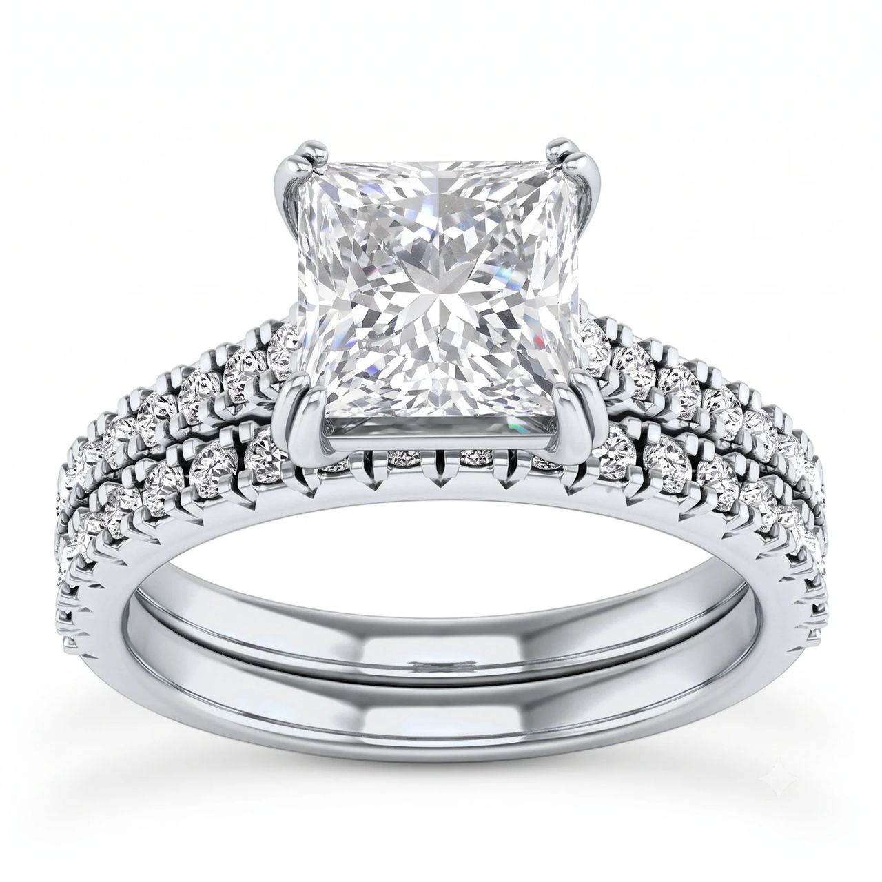1 Carat Princess Lab Grown Diamond Pavé Solitaire Bridal Set in 14K White Gold