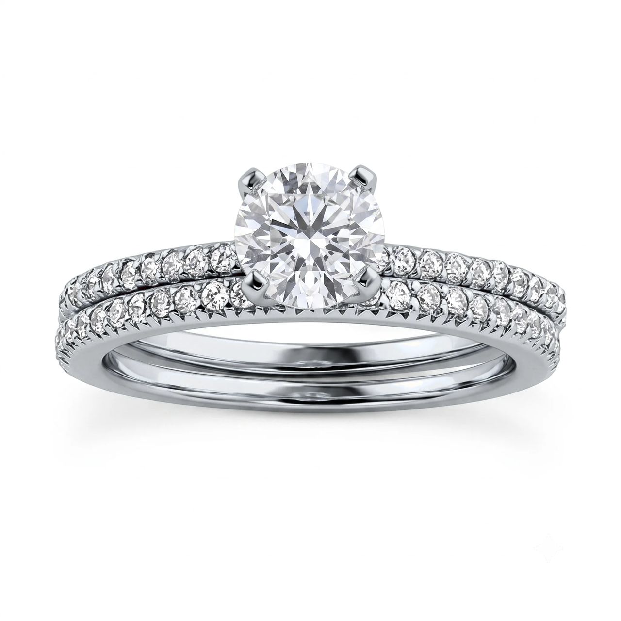 1 Carat Round Lab Grown Diamond Classic Pavé Bridal Set in 14K White Gold