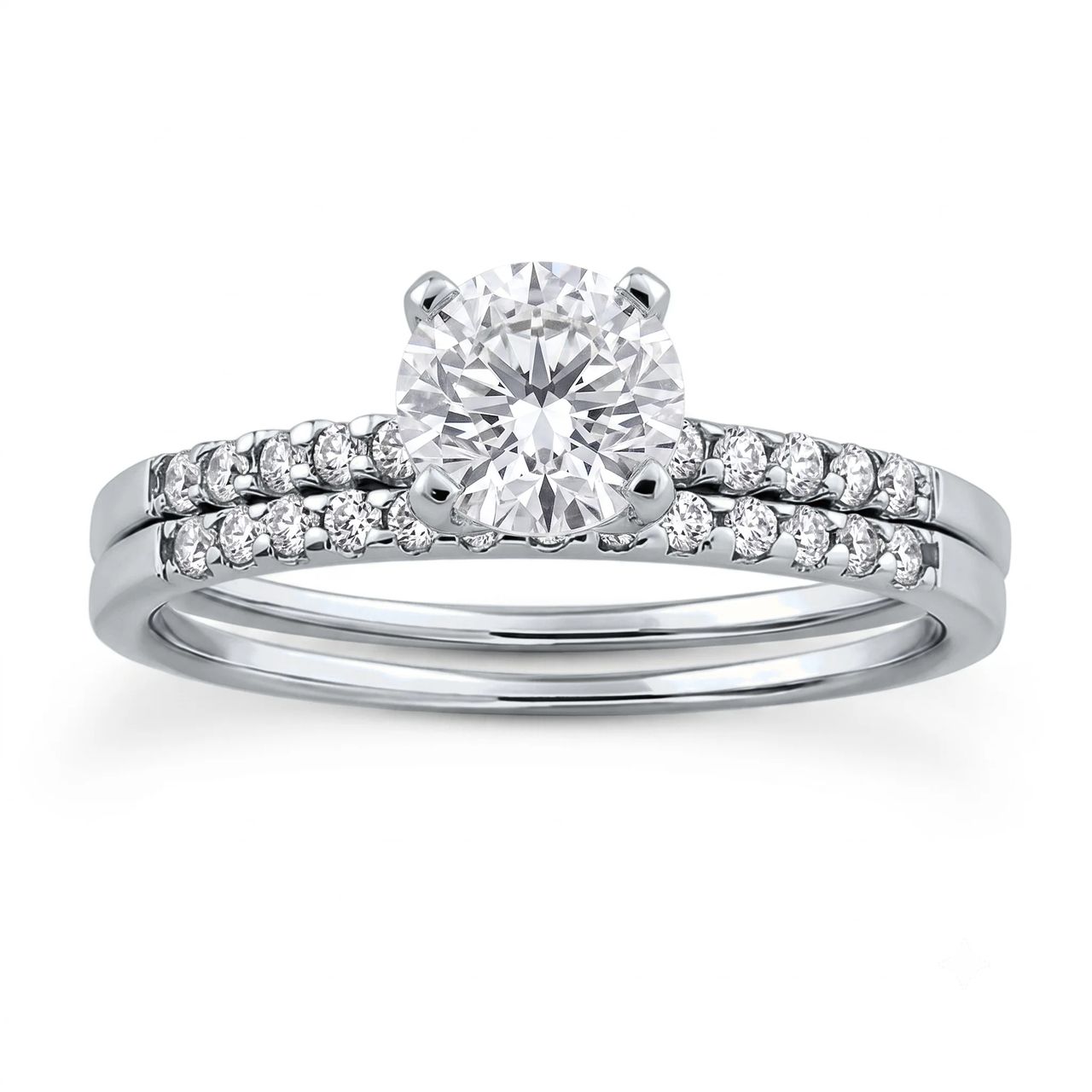 1 Carat Round Lab Grown Diamond Petite Pavé Bridal Set in 14K White Gold