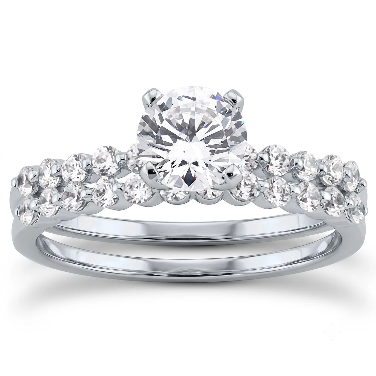 1 Carat Round Lab Grown Diamond Petite Shared-Prong Bridal Set in 14K White Gold