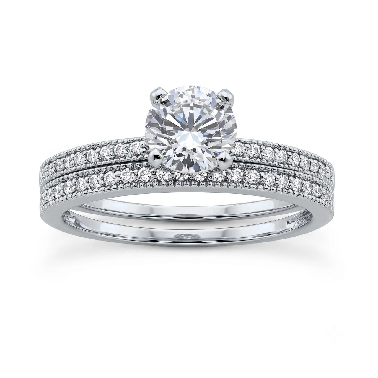 1 Carat Round Lab Grown Diamond Vintage Milgrain Pavé Bridal Set in 14K White Gold