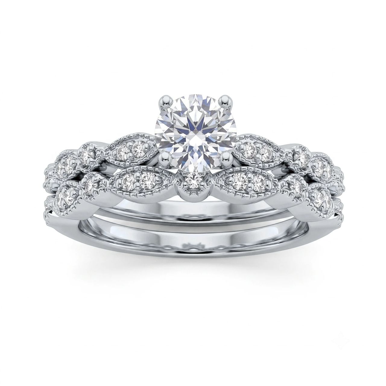 1 Carat Round Lab Grown Diamond Vintage Marquise Motif Bridal Set in 14K White Gold