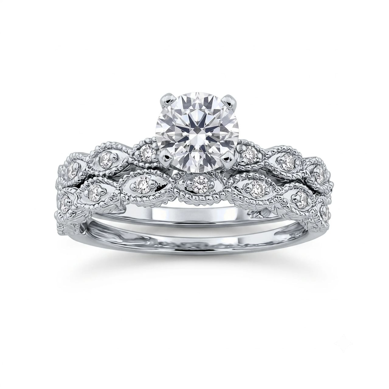 1 Carat Round Lab Grown Diamond Vintage Floral Leaf Bridal Set in 14K White Gold