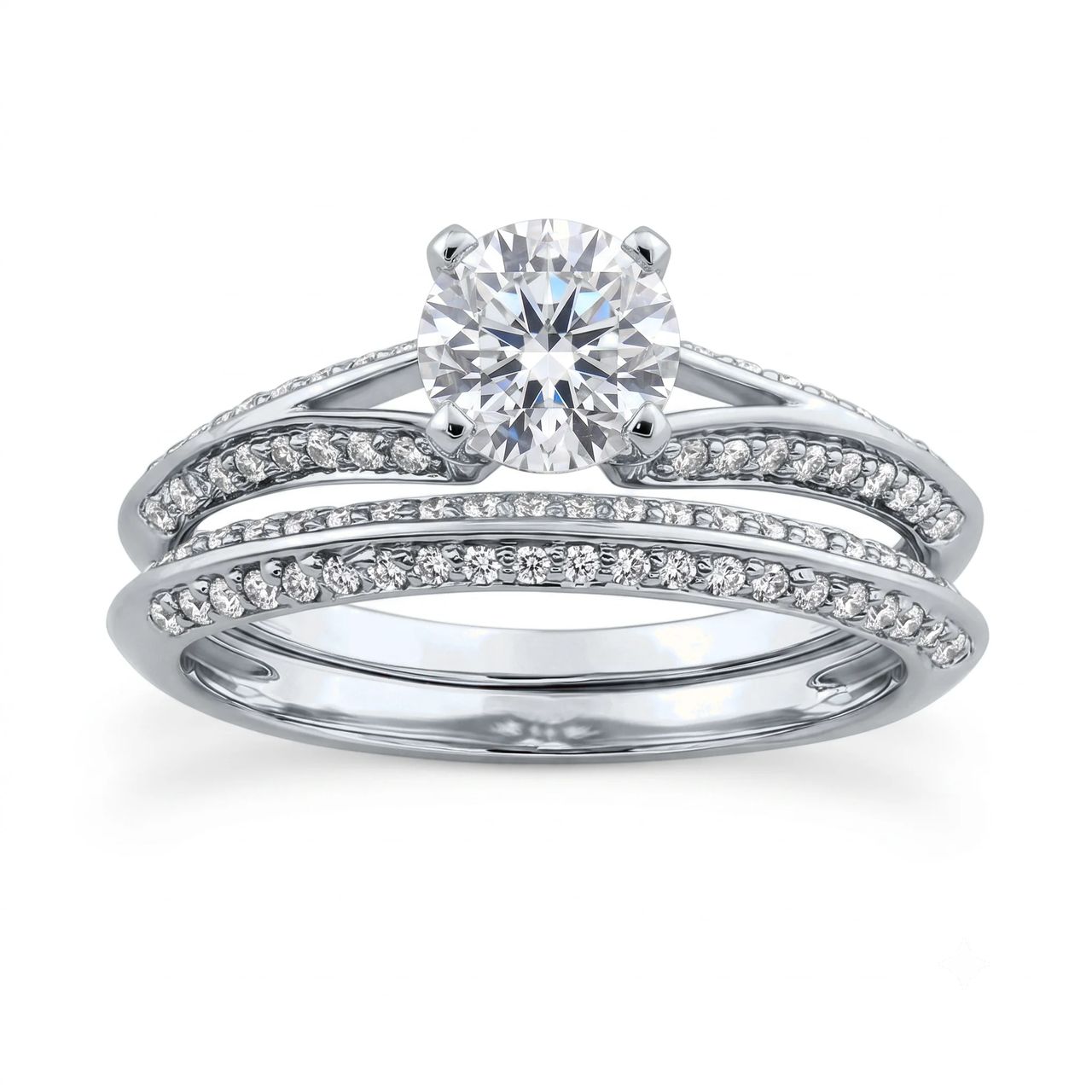 1 Carat Round Lab Grown Diamond Cathedral Split Shank Bridal Set in 14K White Gold