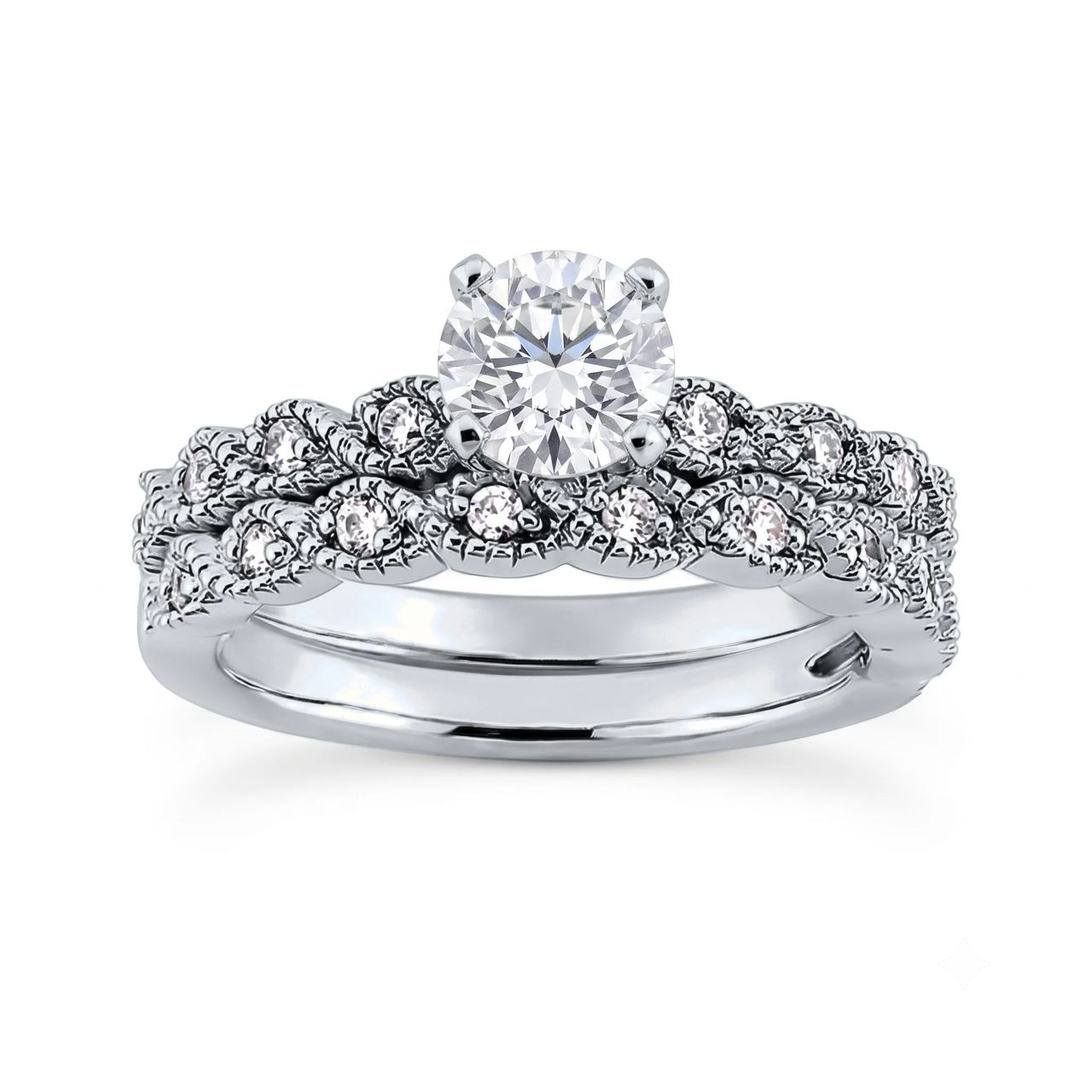 1 Carat Round Lab Grown Diamond Vintage Floral Scatter Bridal Set in 14K White Gold