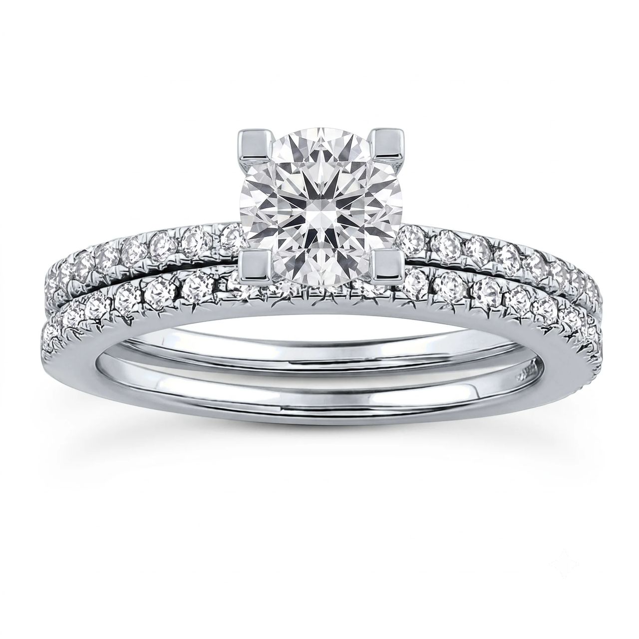1 Carat Round Lab Grown Diamond Classic Single-Row Pavé Bridal Set in 14K White Gold